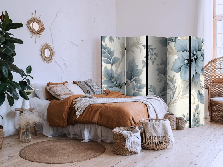 Paravent, Raumteiler freistehend, Trennwand - Turquoise Flowers in Retro Vibe; Floral Ornaments 