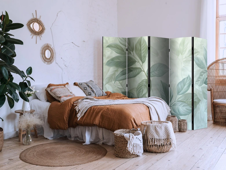Paravent, Raumteiler freistehend, Trennwand - Large Leaves in Green-Mint Shades - Botanical Motif 