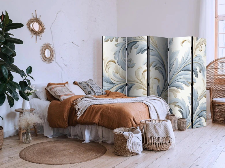 Paravent, Raumteiler freistehend, Trennwand - Baroque Ornaments in Light Creamy Blue Colors 