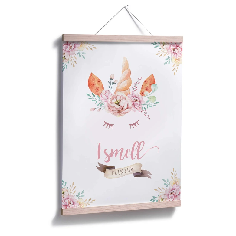 Poster Kvilis - I smell Rainbow - Einhorn mit Blumen und Wimpern 