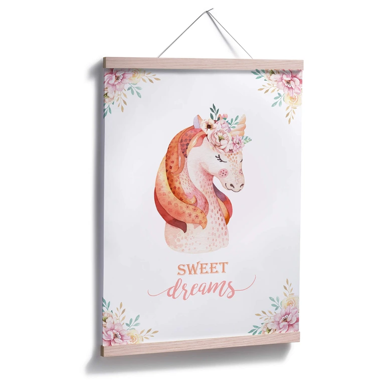 Poster Kvilis - Sweet Dreams - Einhorn mit Blumenkranz 
