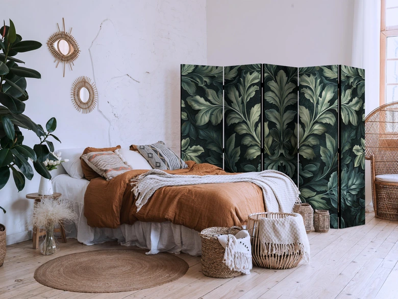 Paravent, Raumteiler freistehend, Trennwand - Dark Green Victorian Leaves - Botanical Carved Composition 