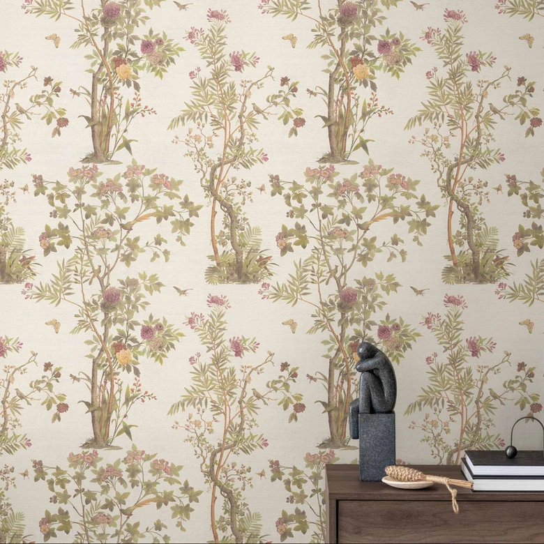 Florale Mustertapete mit Schmetterlingen Beige Grün Rosa - Vliestapete Naturmotiv 