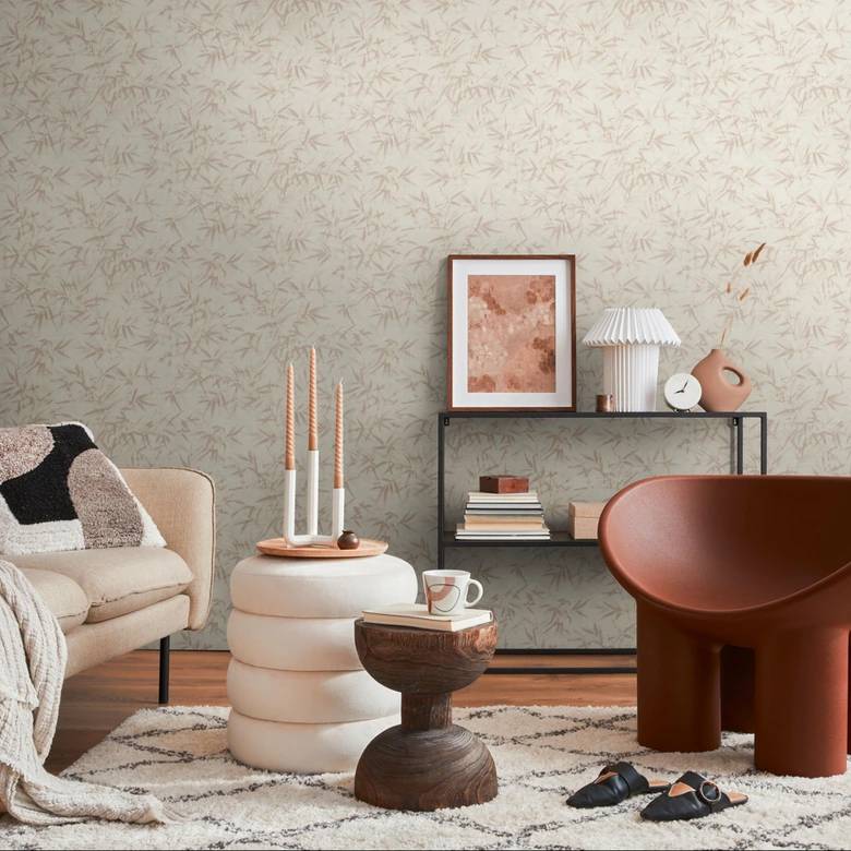 Blätter-Tapete Creme Beige - Dezente Mustertapete mit Bambus-Optik - Vliestapete 