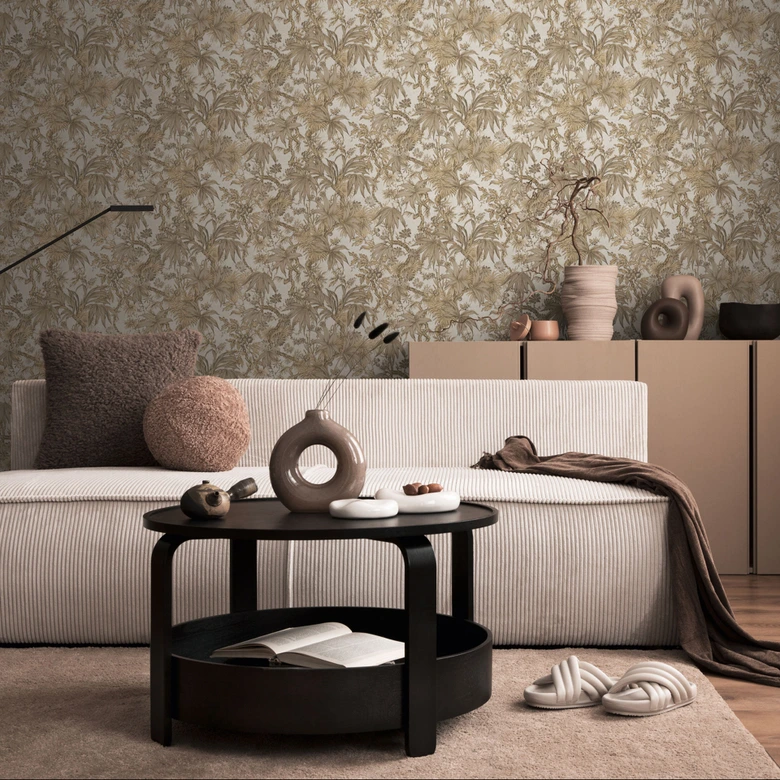 Botanisk tapet beige brun - exotisk tapet med bladmönster - Icke-vävd tapet 