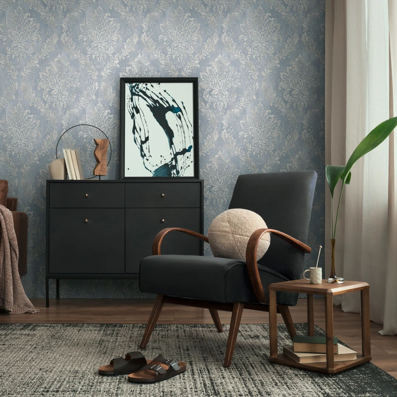 Papel pintado barroco azul plata - Papel pintado no tejido con muestra - Papel pintado con muestra brillante 