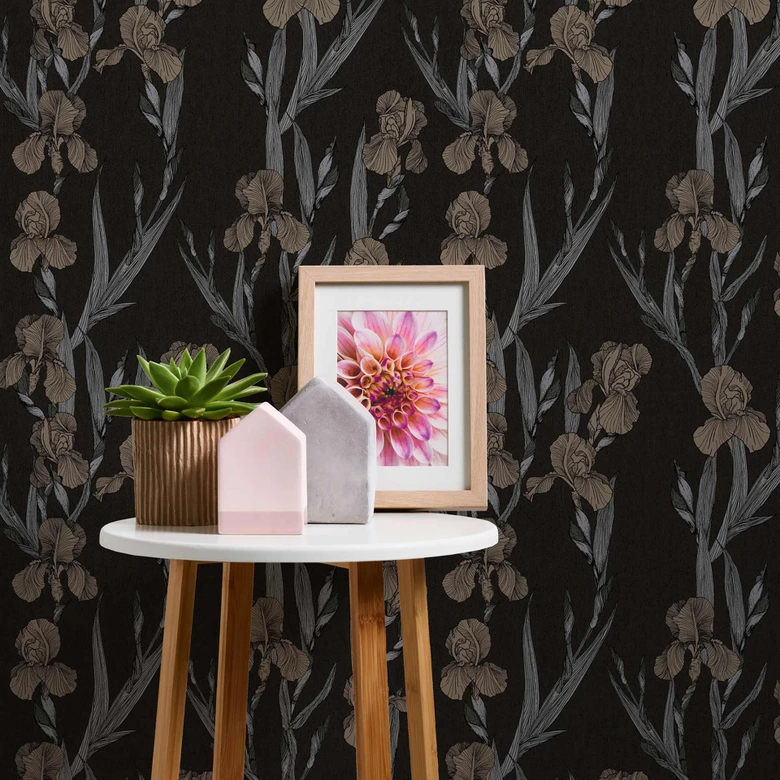 Daniel Hechter Vliestapete Blumentapete floral schwarz, grau, braun 
