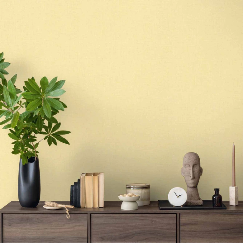 Papel pintado simple con textura de lino amarillo vainilla - papel pintado no tejido liso para salón y cocina 