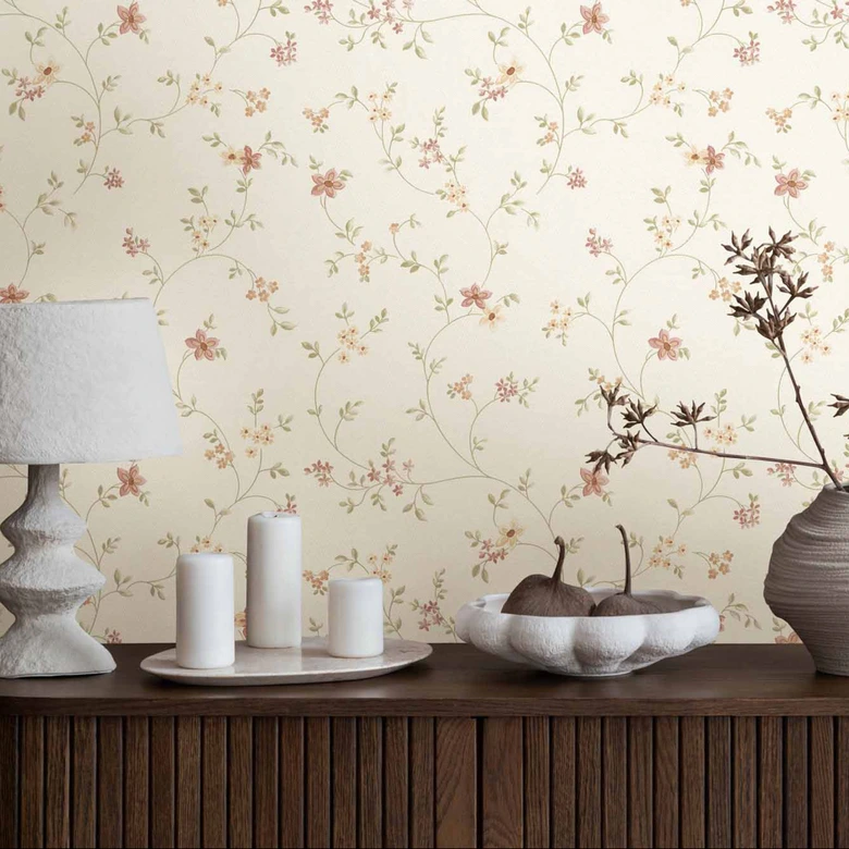 papier peint à fleurs crème vert - papier peint intissé maison de campagne A.S. Création - mat légèrement structuré 
