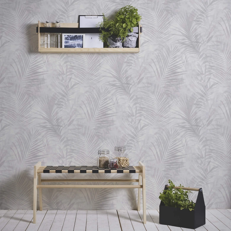 A.S. Création Papier peint Intissé Neue Bude 2.0 Edition 2 feuilles de palmier gris, blanc, crème 