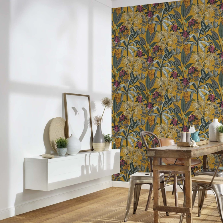 A.S. Creation papier peint forêt en jaune et gris papier peint intissé avec animaux aspect mat 