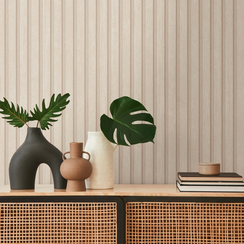 Lamellenlook Behang, Houten Panelen Look Vliesbehang van A.S. Création Lichtbeige  