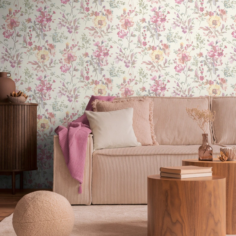 COSMOPOLITAN floral wallpaper white pink - floral non-woven wallpaper watercolor living room 