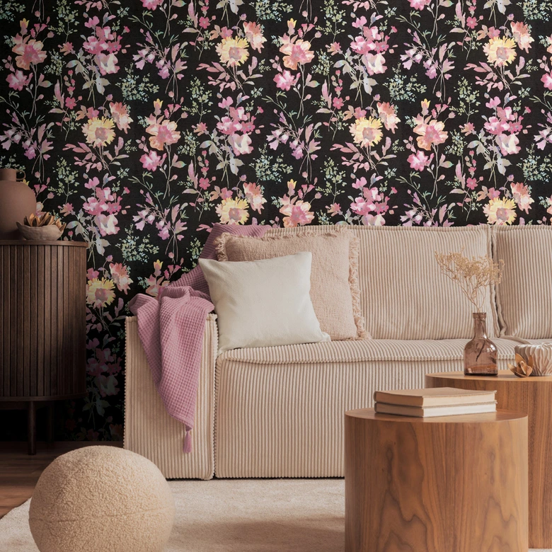 COSMOPOLITAN Blumen-Tapete Aquarell Schwarz Bunt - Vliestapete floral modern 