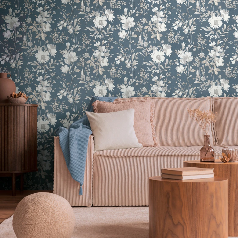 COSMOPOLITAN Papier peint intissé floral aquarelle bleu-gris blanc - papier peint fleuri moderne 