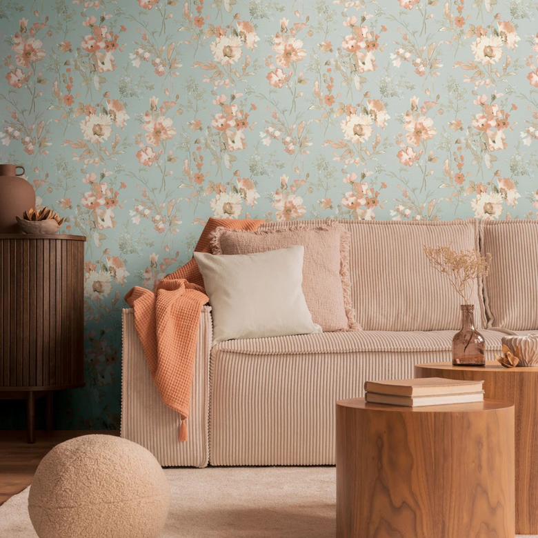 COSMOPOLITAN papier peint vintage aquarelle fleurs abricot bleu - papier peint intissé pastel 
