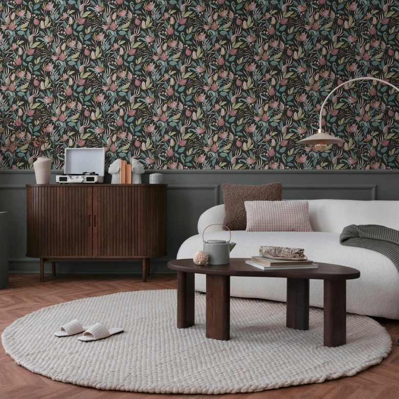 COSMOPOLITAN Blüten Tapeten Design Schwarz Rosa - Botanische Vliestapete modern 