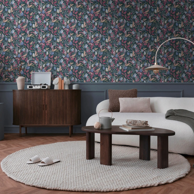 Papel pintado COSMOPOLITAN diseño hojas azul rojo - Papel pintado no tejido de diseño moderno 
