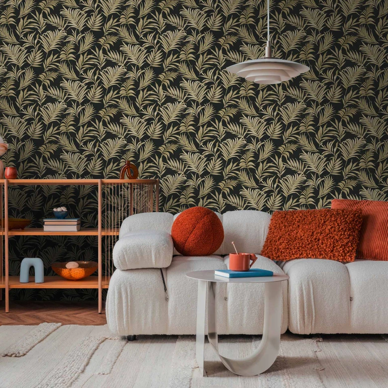 COSMOPOLITAN papier peint noir or motif feuilles - papier peint intissé luxueux salon 