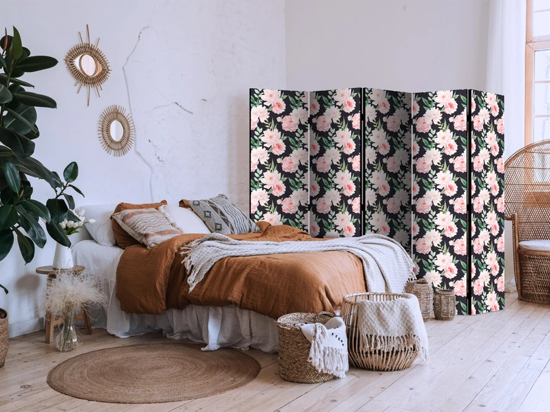 Paravent, Raumteiler freistehend, Trennwand - Peonies - Pink Floral Graphite 