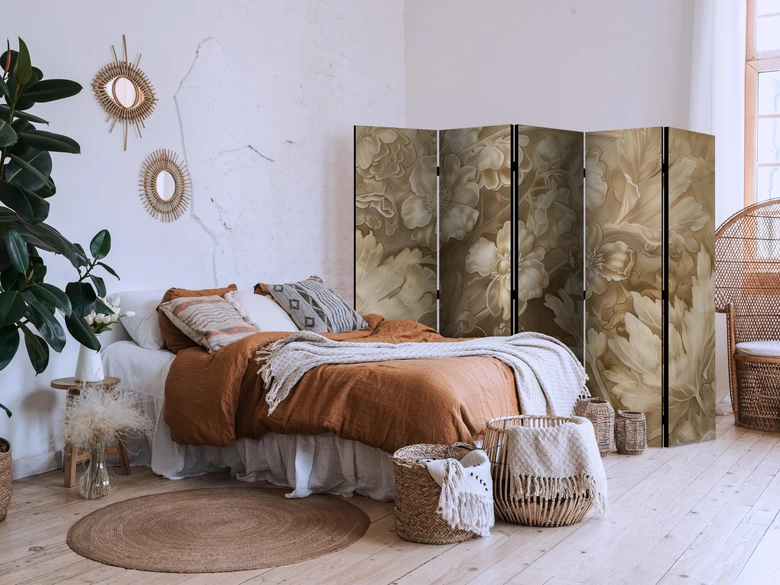 Paravent, Raumteiler freistehend, Trennwand - Carved Floral Ornaments in Soft Sepia and Brown Tones 