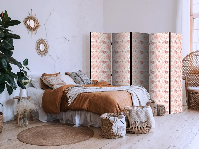 Paravent, Raumteiler freistehend, Trennwand - Pink Blossoming - Warm Floral White 
