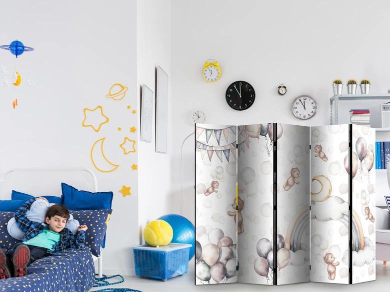 Paravent, Raumteiler freistehend, Trennwand - Plush Bears with Balloons - Pastel Hues 