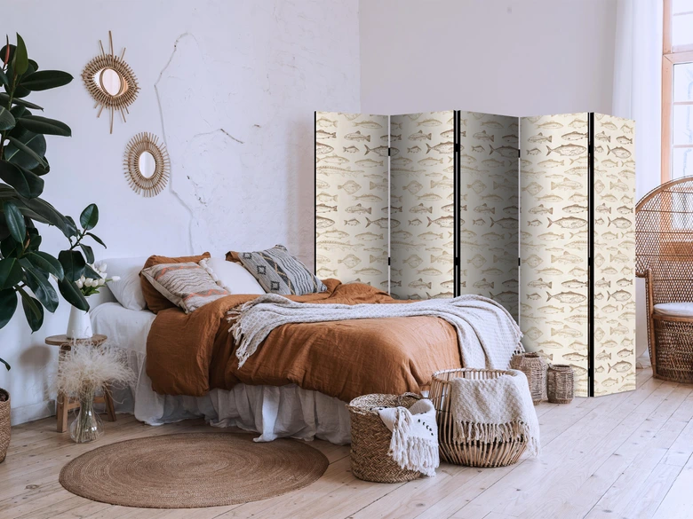 Paravent, Raumteiler freistehend, Trennwand - Fish in Beige Tones Presented in Vintage Style 