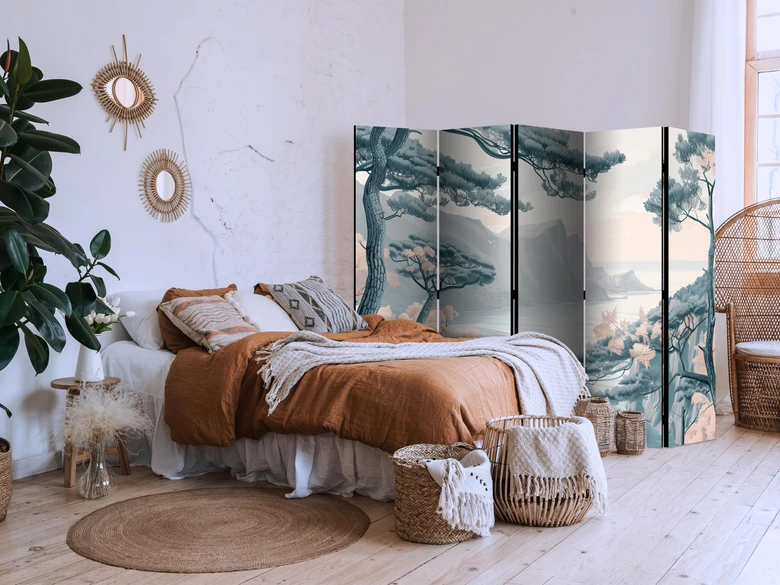 Paravent, Raumteiler freistehend, Trennwand - Mountainous Coast: Pastel Blues 