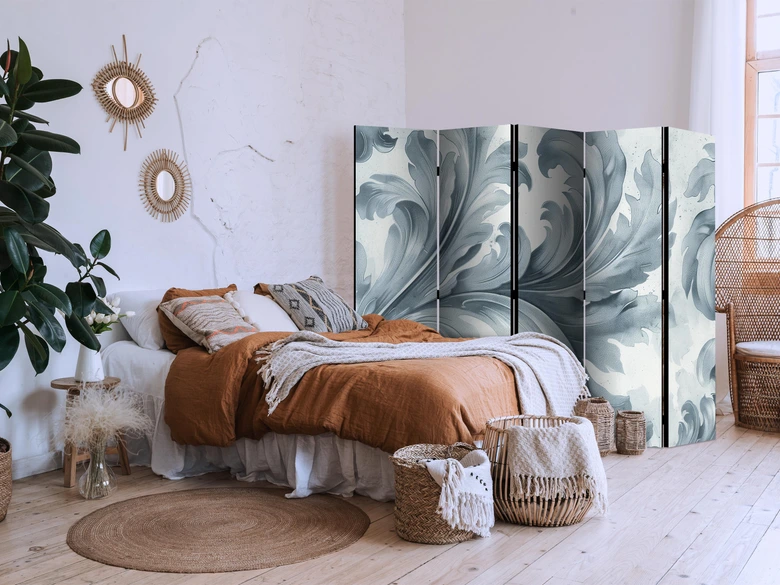 Paravent, Raumteiler freistehend, Trennwand - Stone Baroque Ornaments in Light Shades of Gray and Blue 