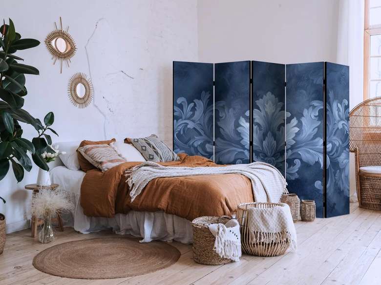 Paravent, Raumteiler freistehend, Trennwand - Ornament in Blue and Cool Colors. Dark Blue Decoration 