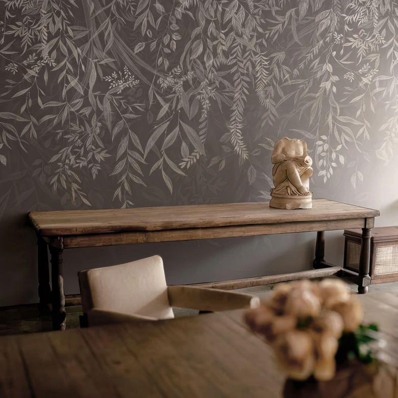 Fototapete Schlafzimmer Naturmotiv - Elegante Weidenzweige in Dunkelgrau - Ms Tiff 