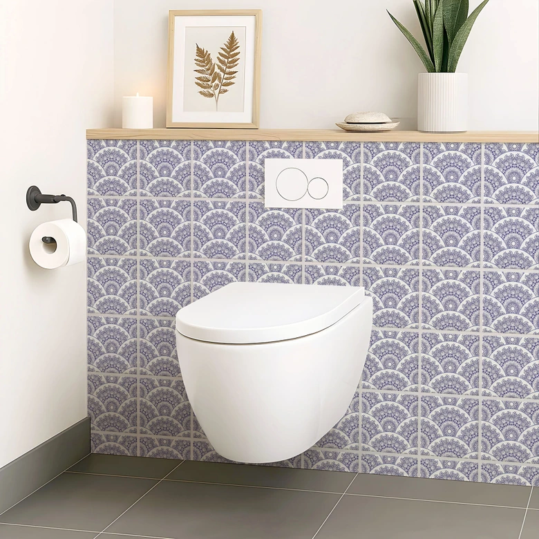 Fliesenaufkleber Geometrische Bögen mit floralem Muster in blau - 12er Set 