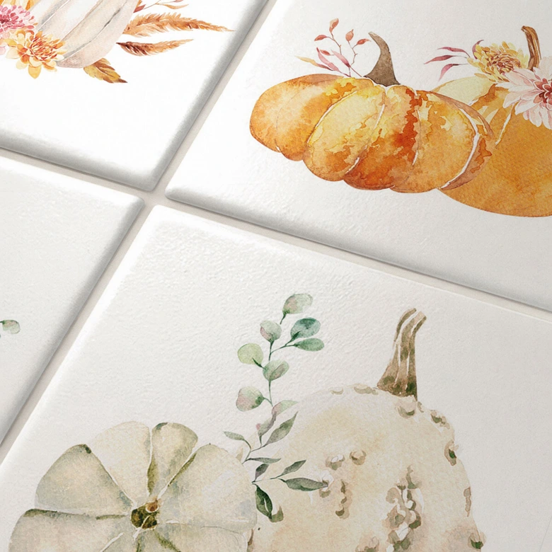 Fliesenaufkleber Watercolor - Kürbis mit Blumen - 12er Set 