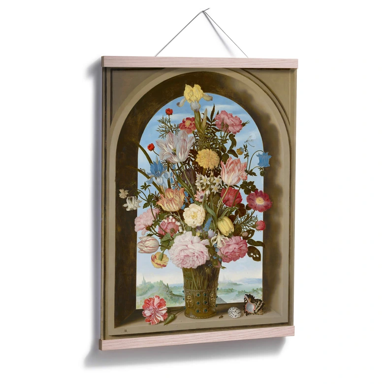Poster Vaas met bloemen voor een raam 