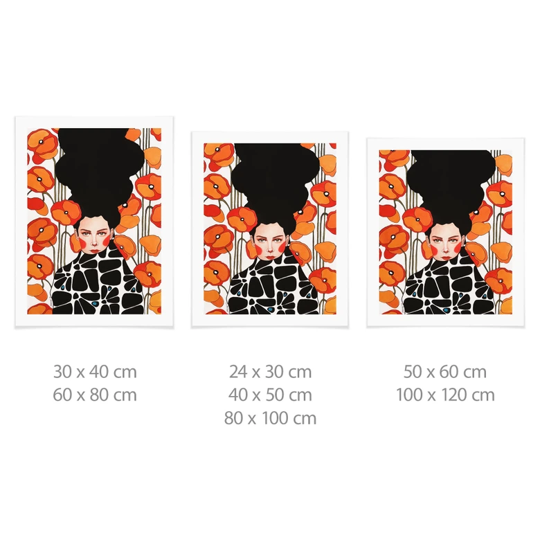 Poster Frau mit Retro-Mohnblumen | Porträtkunst für das Wohnzimmer - Hülya 