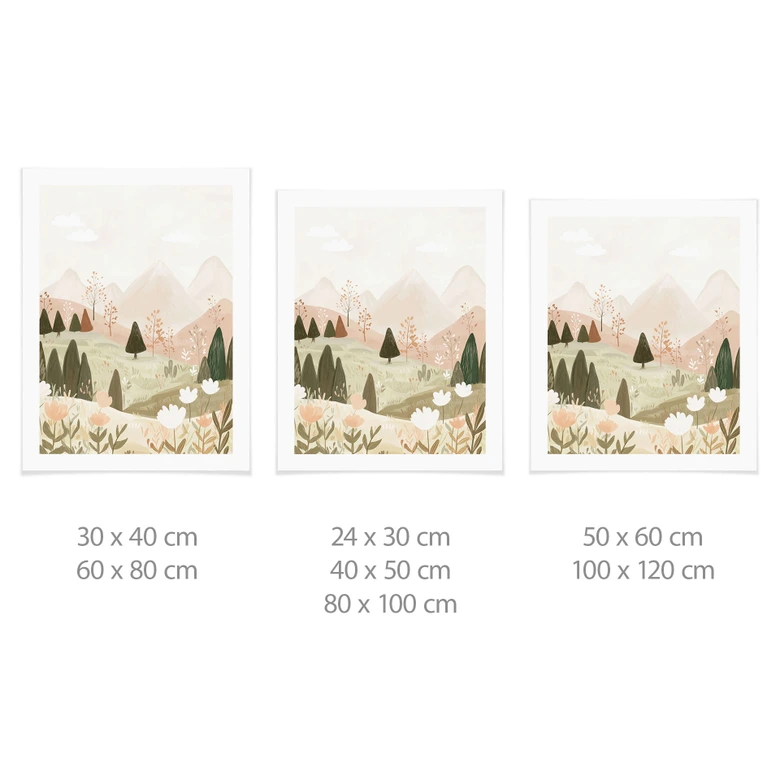 Poster pastellfärgat bergslandskap med blommor - Treechild 