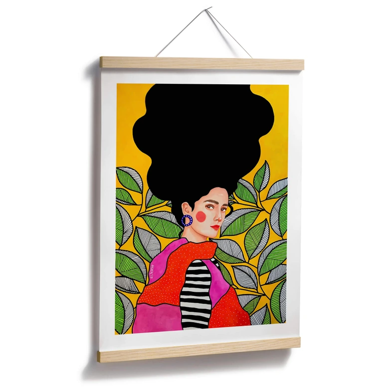 Poster Frau mit grün-weißen Blättern - Hülya 