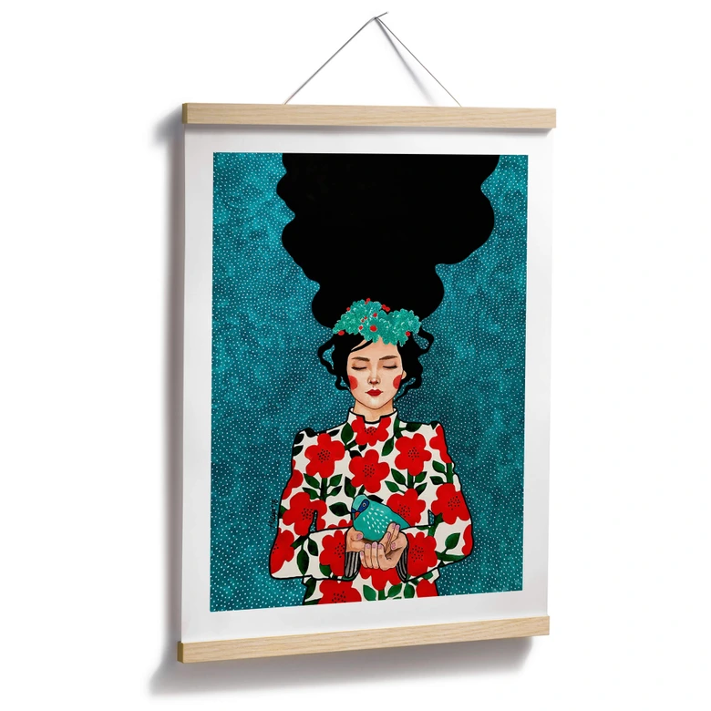 Póster mujer con pajarito en las manos - Hülya 