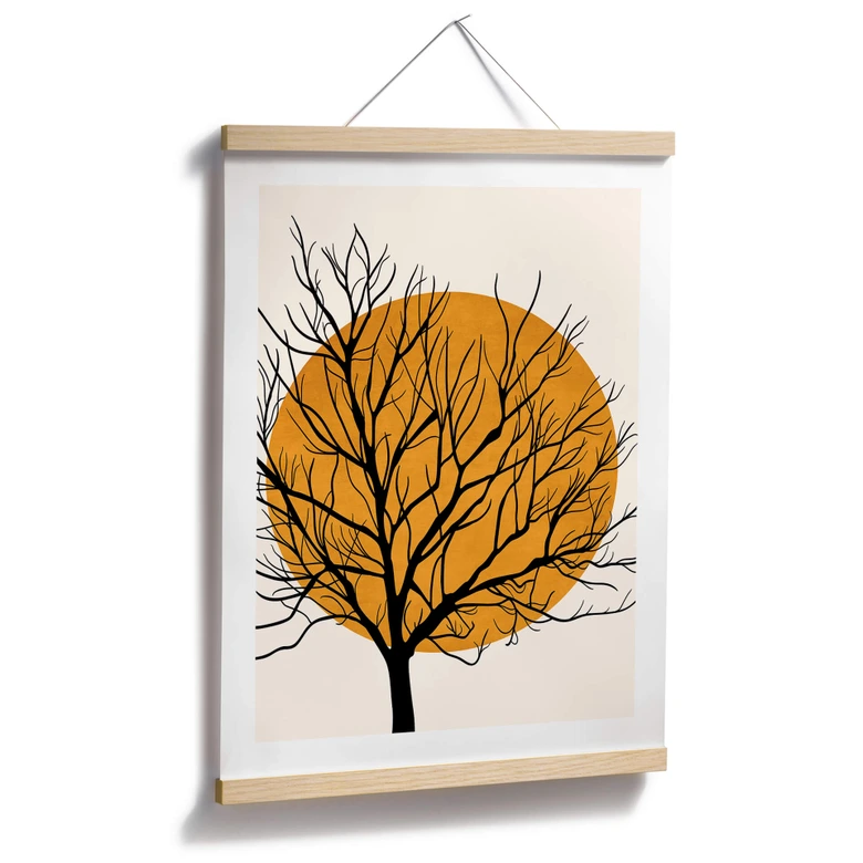 Poster Kubistika - Goldene Sonne hinter einem Baum 