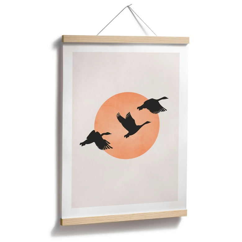 Plakat ptaki na tle brzoskwiniowego słońca - Kubistika 