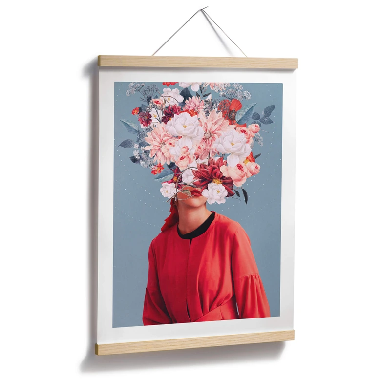 Plakat z portretem kwiatowym - Elegancka kobieta z okazałymi kwiatami - Ćma 