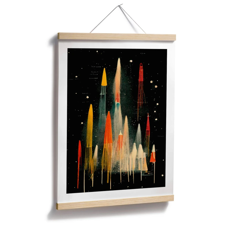 Póster Treechild - Cohetes de colores en un viaje galáctico 