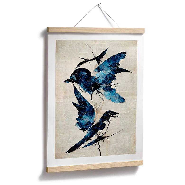 Poster Treechild - Himmelsvögel in schimmerndem Blau 