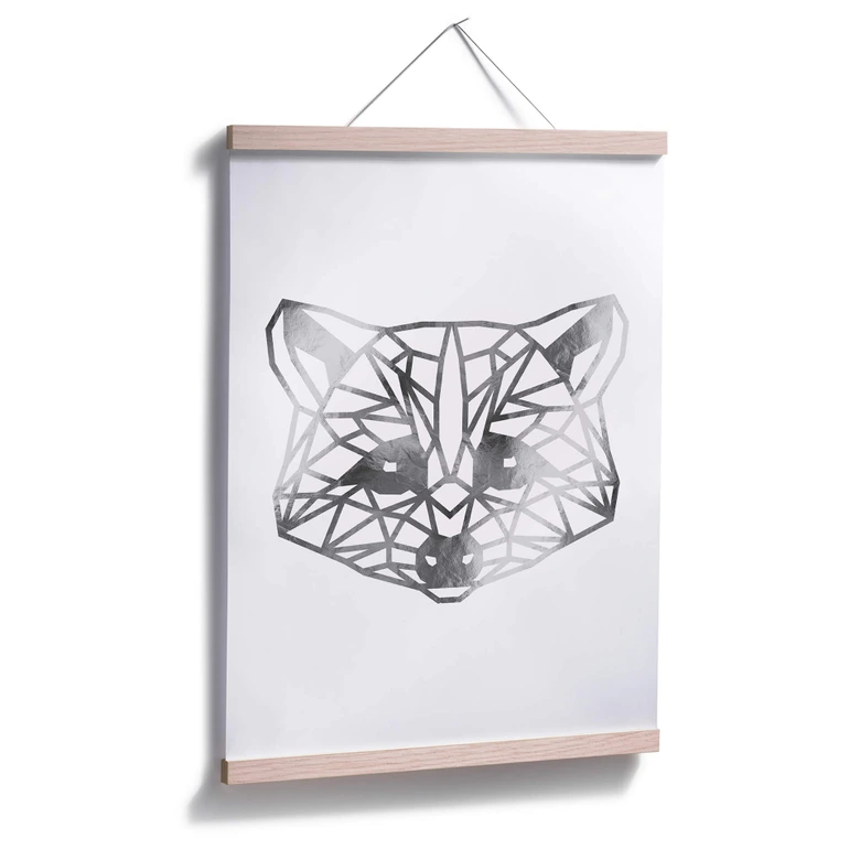 Poster - Origami Waschbär - Silber-Optik 