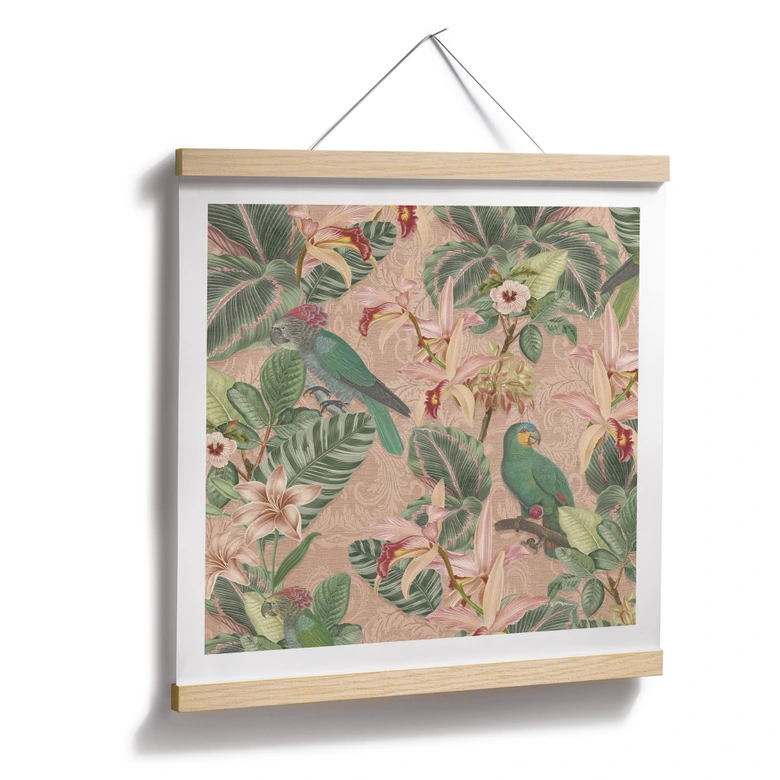 Póster Botánica Jungla con Loros Rosa - Decoración Floral - Cuadrado 