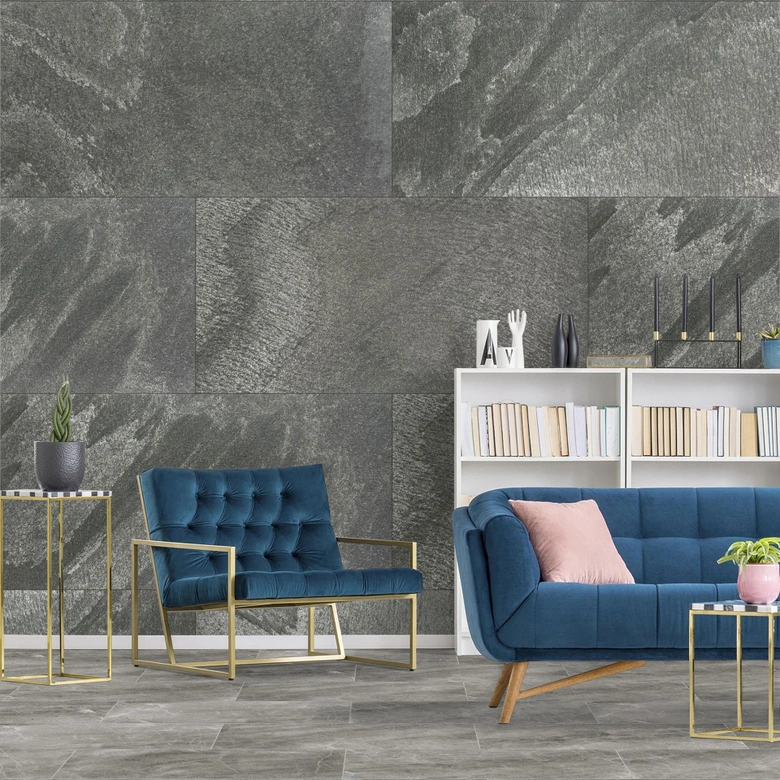 Echtstein - 3D Wandpaneel, Set aus 6 Natursteinplatten als luxuriöse Wandverkleidung - Schiefer Grau 