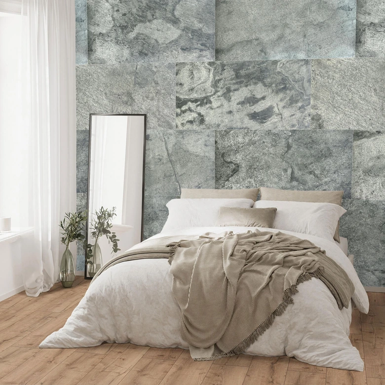 Echtstein - 3D Wandpaneel, Set aus 6 Natursteinplatten als luxuriöse Wandverkleidung - Glimmerschiefer Silber 