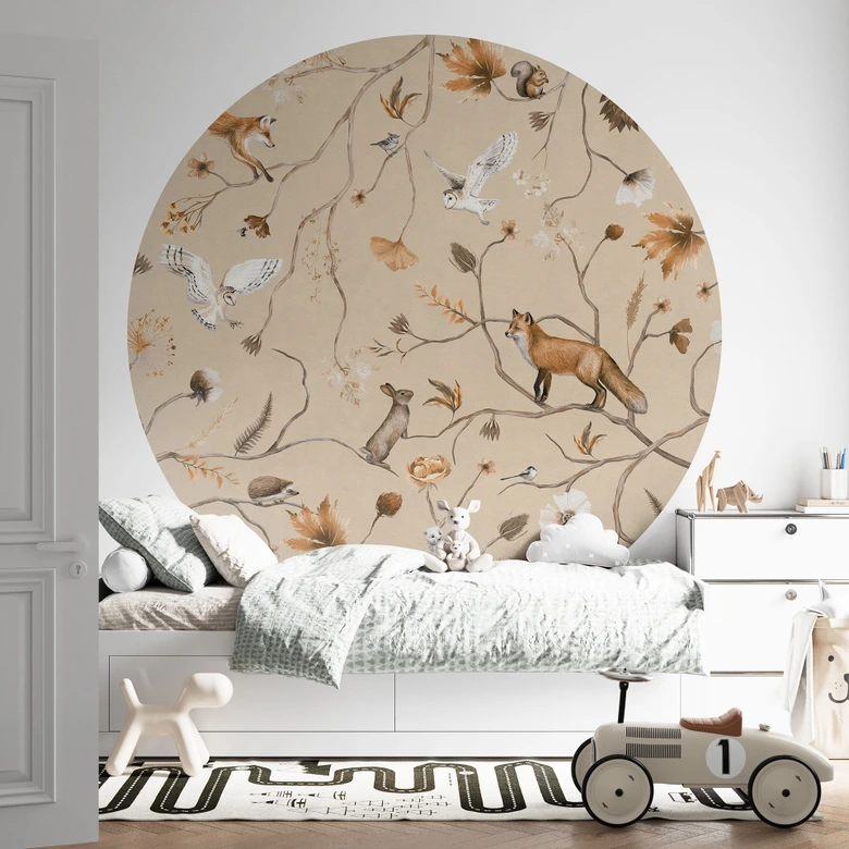Children's room Wall Mural Playful forest animals on branches - Kikki Belle - Round - Self-adhesive/non-woven 