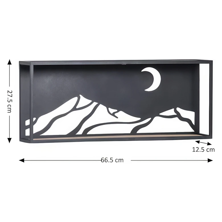 Wandregal Mond in der Berglandschaft - Aus Holz und Metall - 66x27x12 cm 